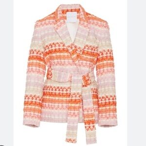 Markarian Rainbow‎ Belted Tweed Blazer Jacket - Orange Pink Cream Striped